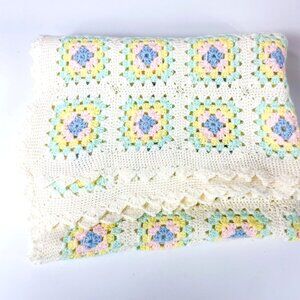 Handmade Crochet Baby Blanket Granny Squares 24" X 40" Pastel Colors Afghan